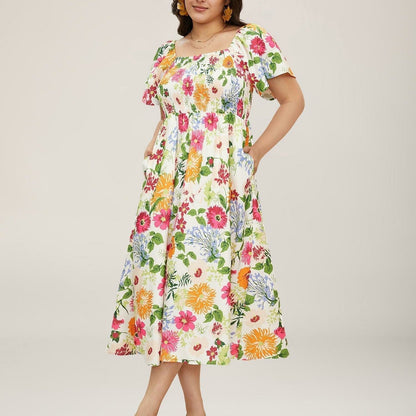 ⏰SALDI ESTIVI – 50% DI SCONTO 💃Abito midi floreale con scollo quadrato arricciato e tasche