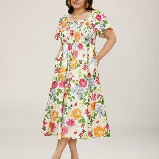 ⏰SALDI ESTIVI – 50% DI SCONTO 💃Abito midi floreale con scollo quadrato arricciato e tasche