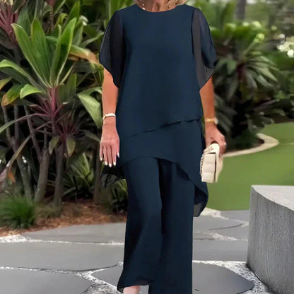 🌞Frühlingserwachen: 50% Rabatt!👗 Damen-Chiffon-Zweiteiler – Asymmetrisches Doppellagiges Top & Weite Hose – Atmungsaktiv & Elegant für Frühling & Urlaub