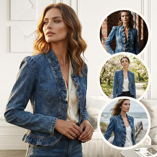 Offene Jeansjacke mit Rüschenbesatz für Damen