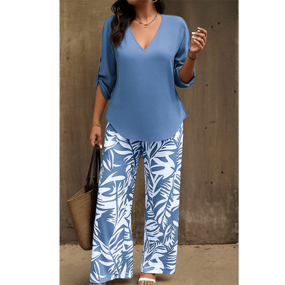 🥳 MEGA-SALE 2026: 50 % RABATT! 🥳 💞Damen-Set: Bluse mit V-Ausschnitt und bedruckte, weite Hose.